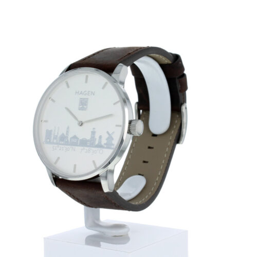 Hagen Uhr HagenUhr40LBS in Edelstahl mit braunem Lederarmband - Blick seitlich von vorne