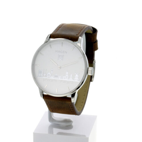 Hagen Uhr HagenUhr43LBB mit Edelstahlgehäuse und braunem Naturlederarmband