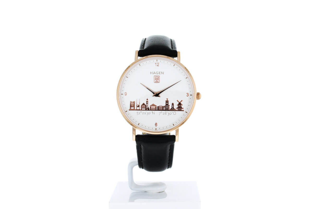 Hagen Uhr in der Ziffernblattansicht - Roségold vergoldet in 36mm Durchmesser mit schwarzem Lederarmband