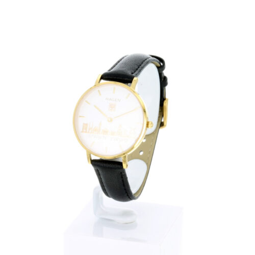 Hagen Uhr HagenUhr32LBS mit vergoldetem Gehäuse in 32mm Durchmesser mit schwarzem Lederarmband