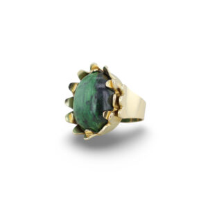 585er Gelbgold Ring im Blumendesign mit grünem Chrysopras, einmaliges Vintage-Unikat aus dem Adam Vintage Schmuck Shop.